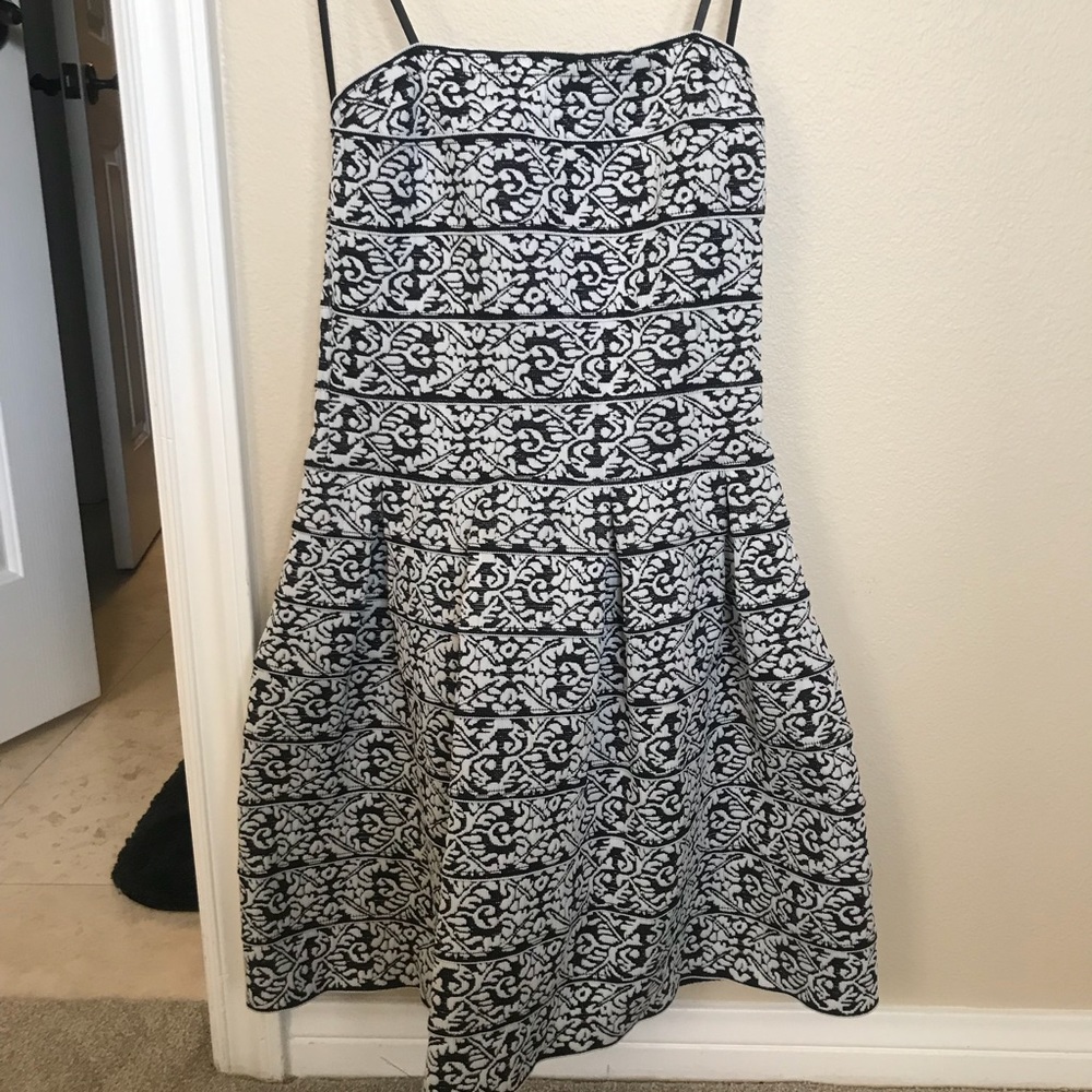 Black and white strapless cocktail dress